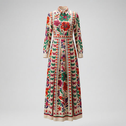 Candi cream maxi dress with colorful floral butterfly print and long sleeves.