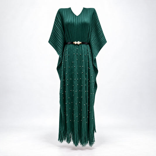 Lina emerald green pleated kaftan dress with wide batwing sleeves and pearl belt