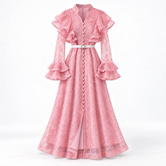 pink floral lace fabric with pearl buttons and ruffle trim dress