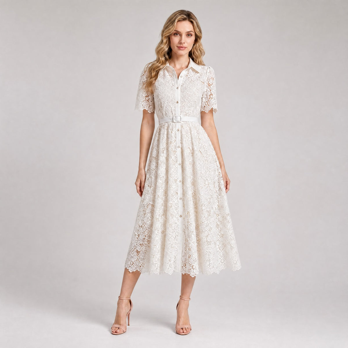 floral lace and a belted waist dress