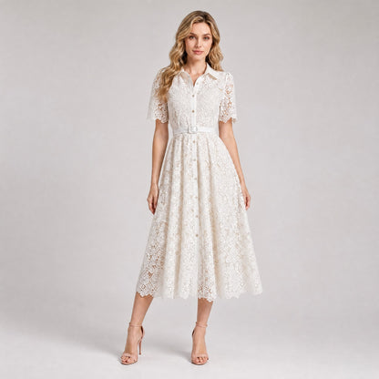 floral lace and a belted waist dress
