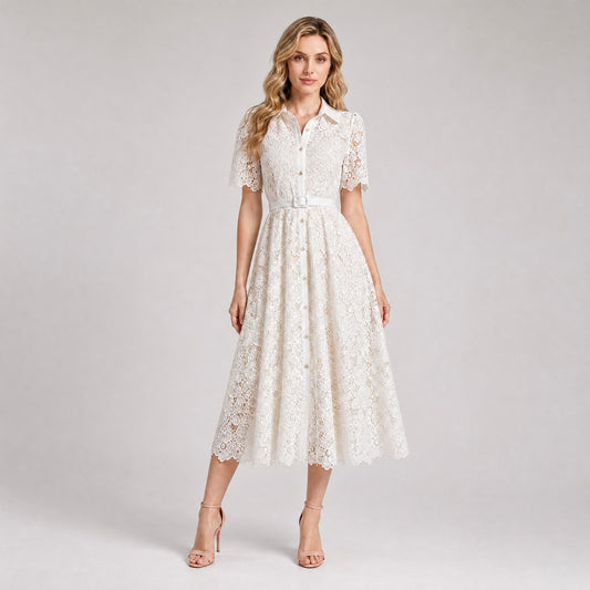 floral lace and a belted waist dress