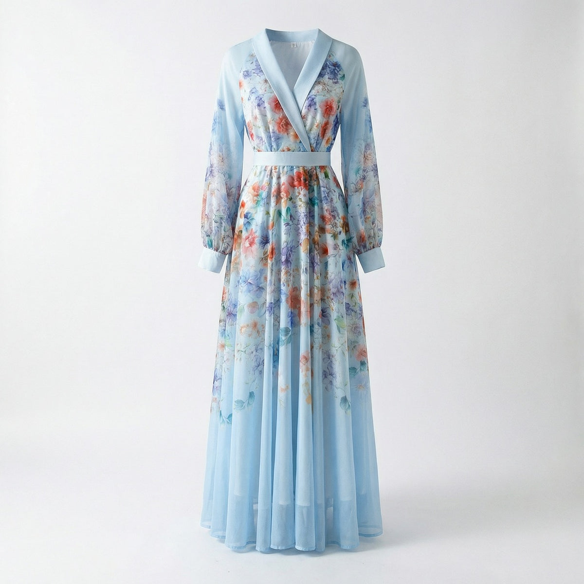 Addison Floral Chiffon Maxi Dress in Serene Light Blue with long lantern sleeves and V-neckline.