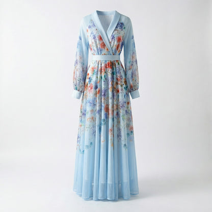 Addison Floral Chiffon Maxi Dress in Serene Light Blue with long lantern sleeves and V-neckline.