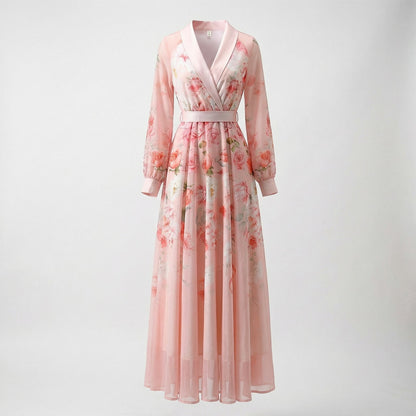 Addison Floral Chiffon Maxi Dress in Soft Blush Pink, an elegant long-sleeve dress for wedding guests.