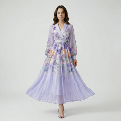 Addison Floral Chiffon Maxi Dress in Royal Purple featuring a botanical print and belted waist.