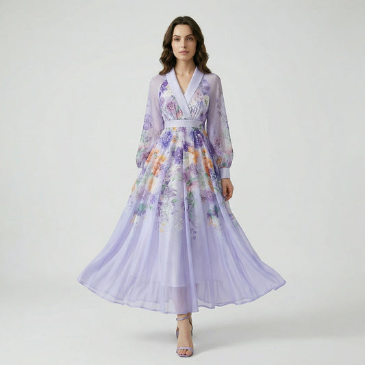 Addison Floral Chiffon Maxi Dress in Royal Purple featuring a botanical print and belted waist.