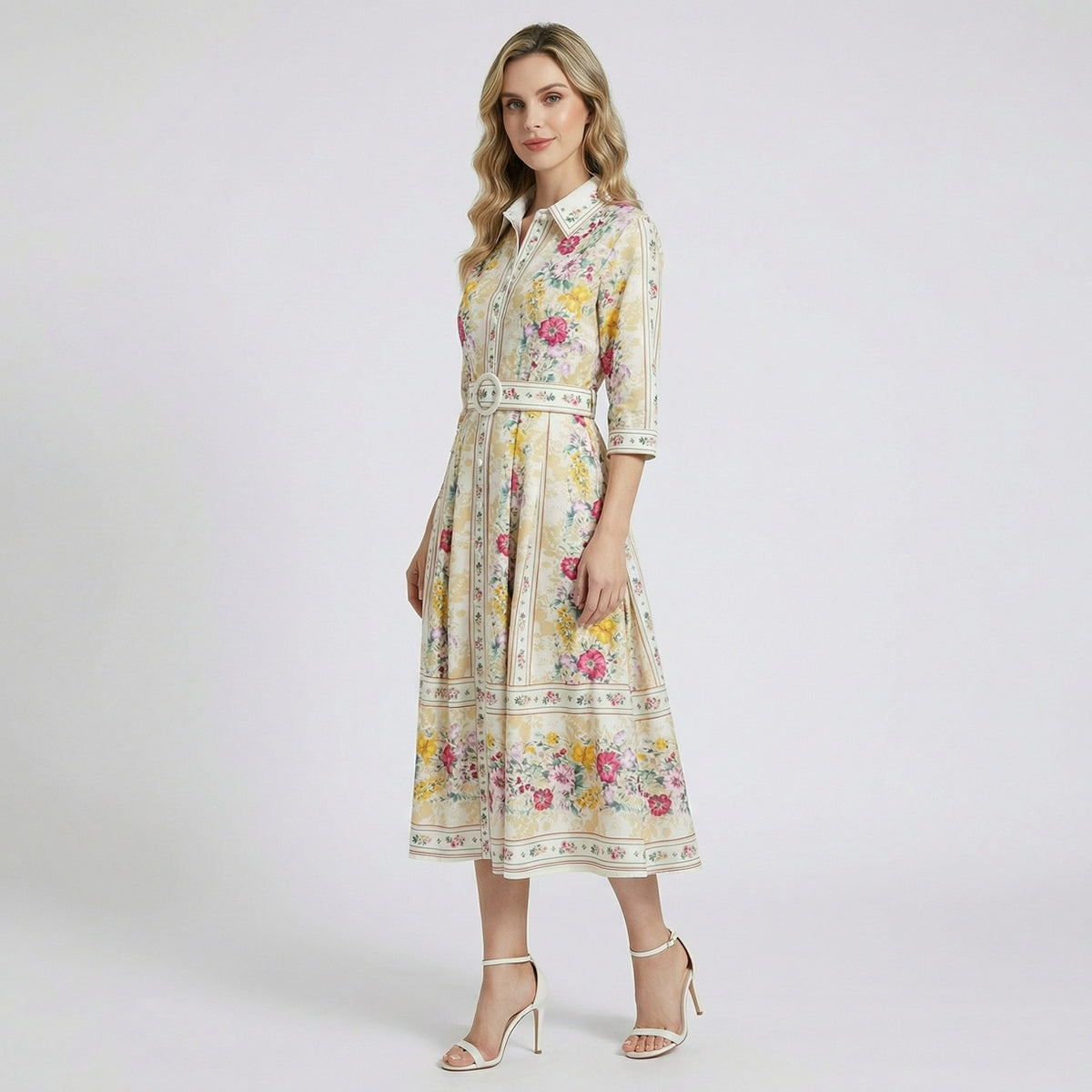 Adelmira floral midi shirt dress with a botanical print and matching white belt, 115cm length.