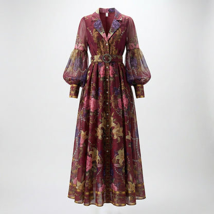 Adelya maxi dress in wine red and navy blue featuring baroque floral print, lantern sleeves, and a rhinestone buckle belt.