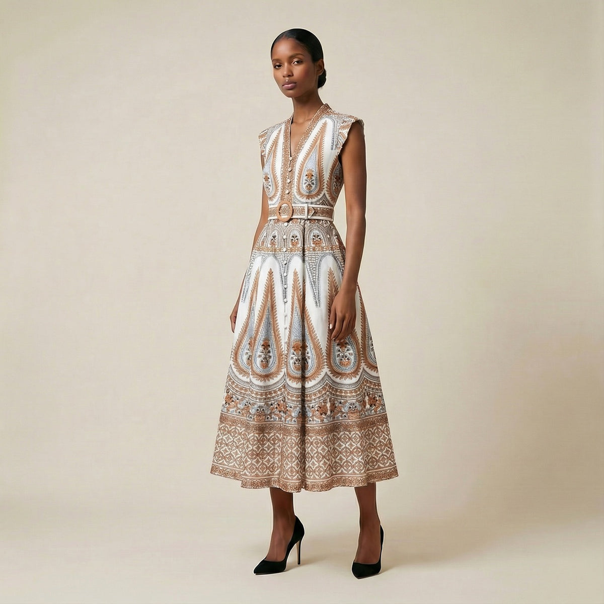 A woman wearing the Allegra maxi dress featuring a detailed orange and blue paisley print with a V-neck, flutter sleeves, and a matching belted waist.