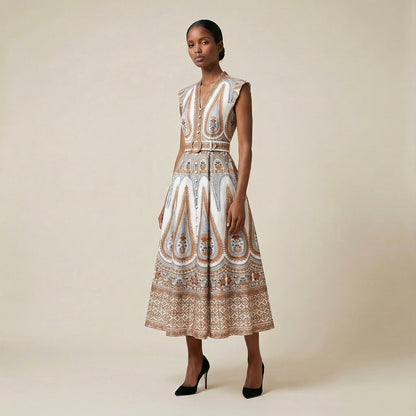 A woman wearing the Allegra maxi dress featuring a detailed orange and blue paisley print with a V-neck, flutter sleeves, and a matching belted waist.