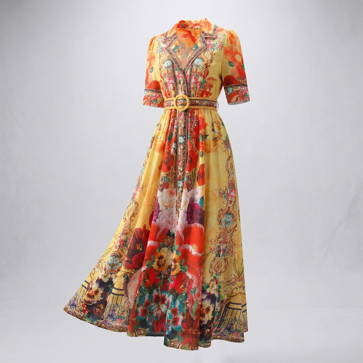 Front view of Annie floral maxi dress in white and yellow, 135cm (53 inches) long, featuring button-down front and white circular buckle belt.