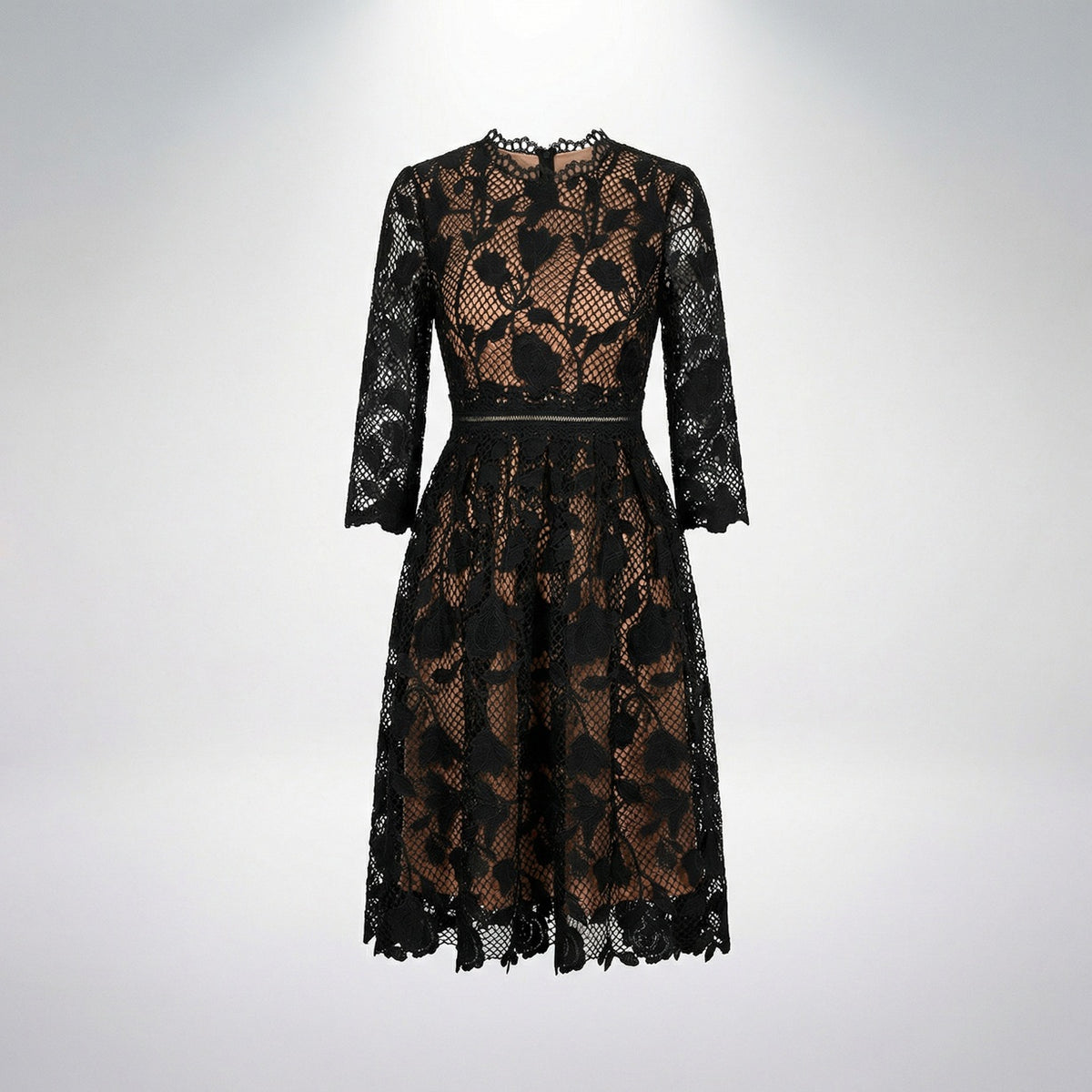 Front view of Ashley floral guipure lace midi dress in black, white, and blue featuring elbow-length sleeves and scalloped neckline.