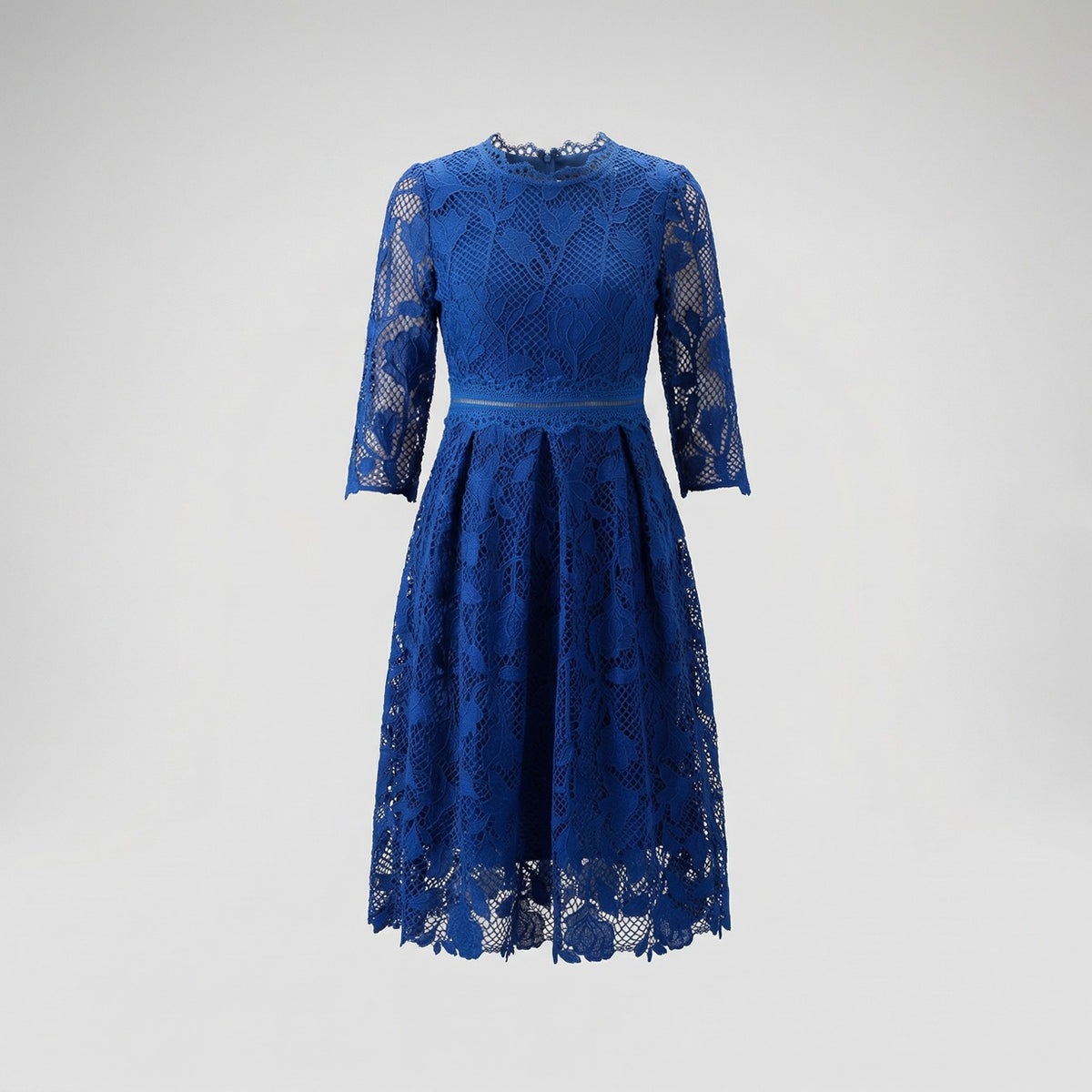 Front view of Ashley floral guipure lace midi dress in black, white, and blue featuring elbow-length sleeves and scalloped neckline.