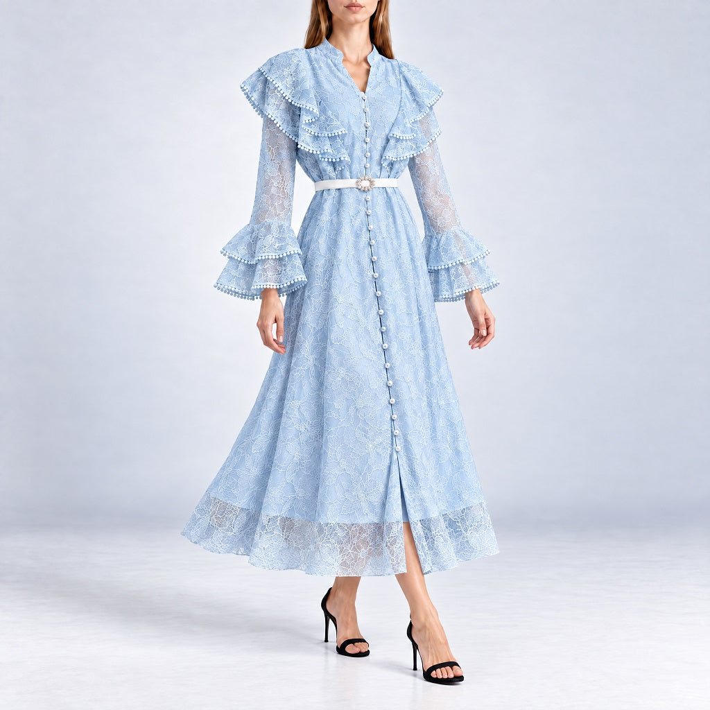 Baby blue long sleeve floral lace maxi dress with pearl buttons