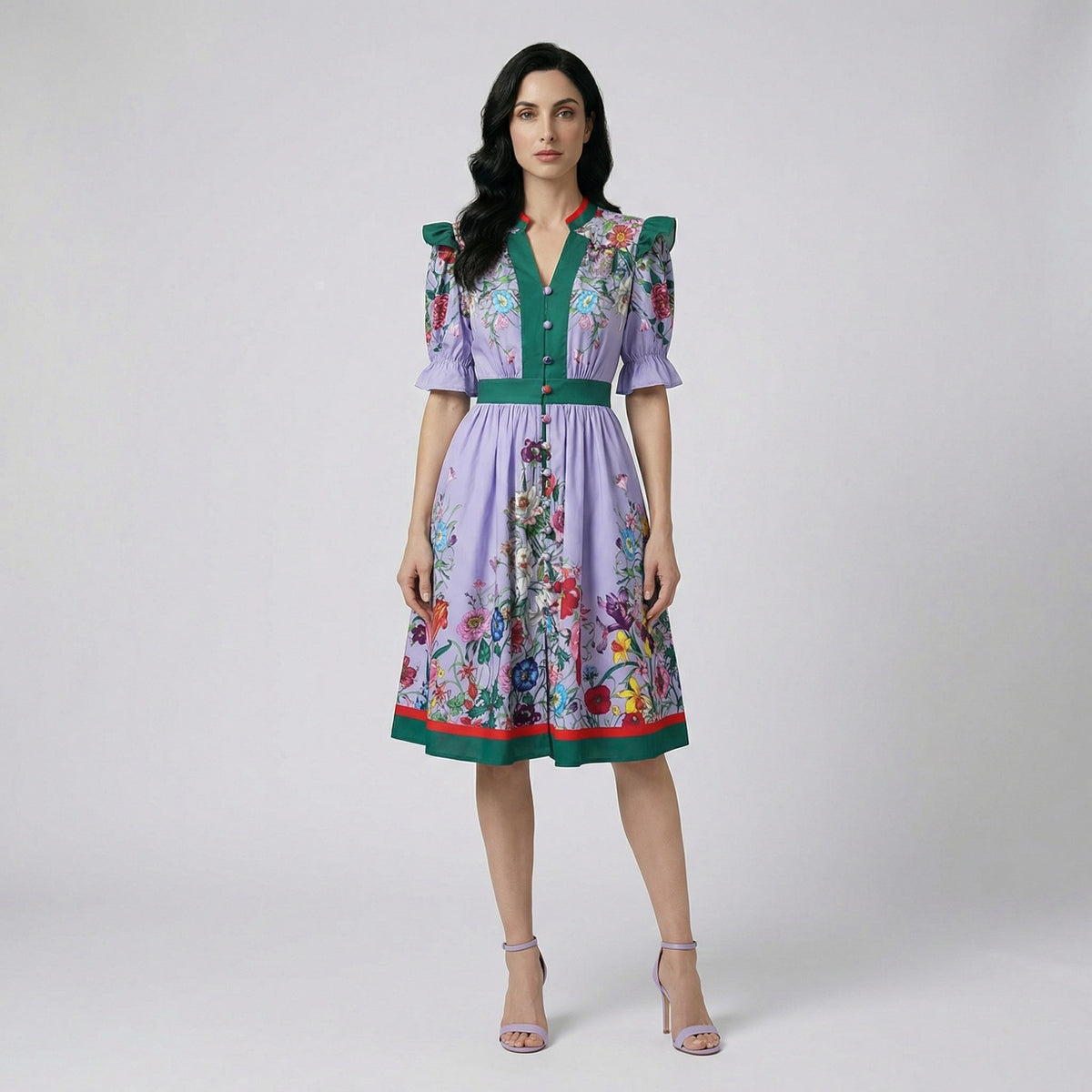 Barbra mini dress in lavender with green trim and wildflower print.