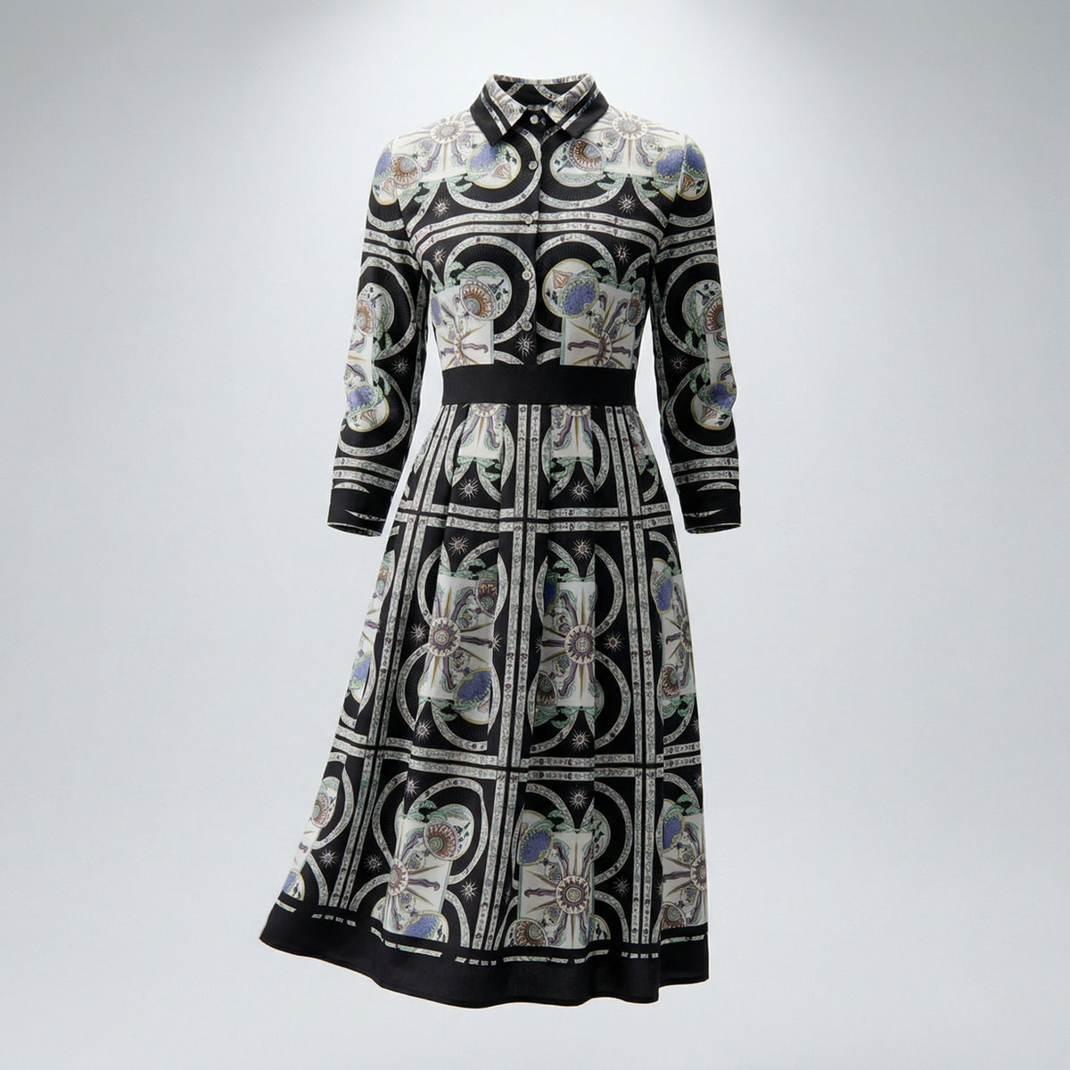 Bianca black and gold ornate geometric print midi shirt dress with 3/4 sleeves