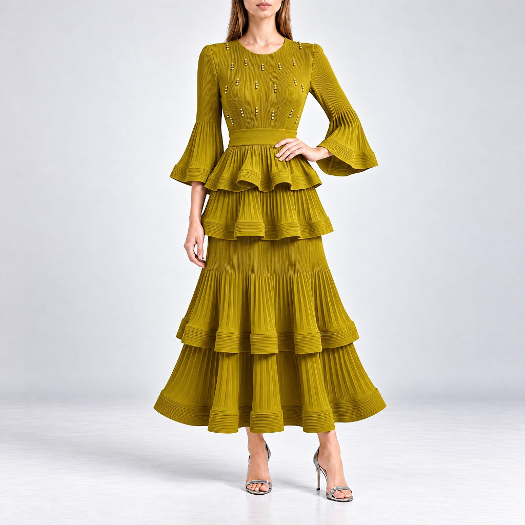 elegant white pleated tiered maxi dress with beaded bodice and bell sleeves olive green emerald back chic black pleated tiered maxi dress with crystal embellishments