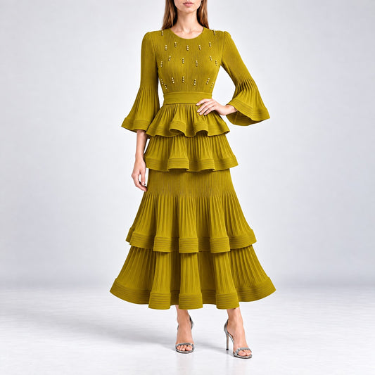 elegant white pleated tiered maxi dress with beaded bodice and bell sleeves olive green emerald back chic black pleated tiered maxi dress with crystal embellishments