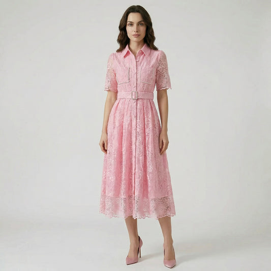 Carol floral lace midi dress in light blue, ivory, and pink featuring pearl-trimmed pockets and a matching buckle belt on a flat lay display.