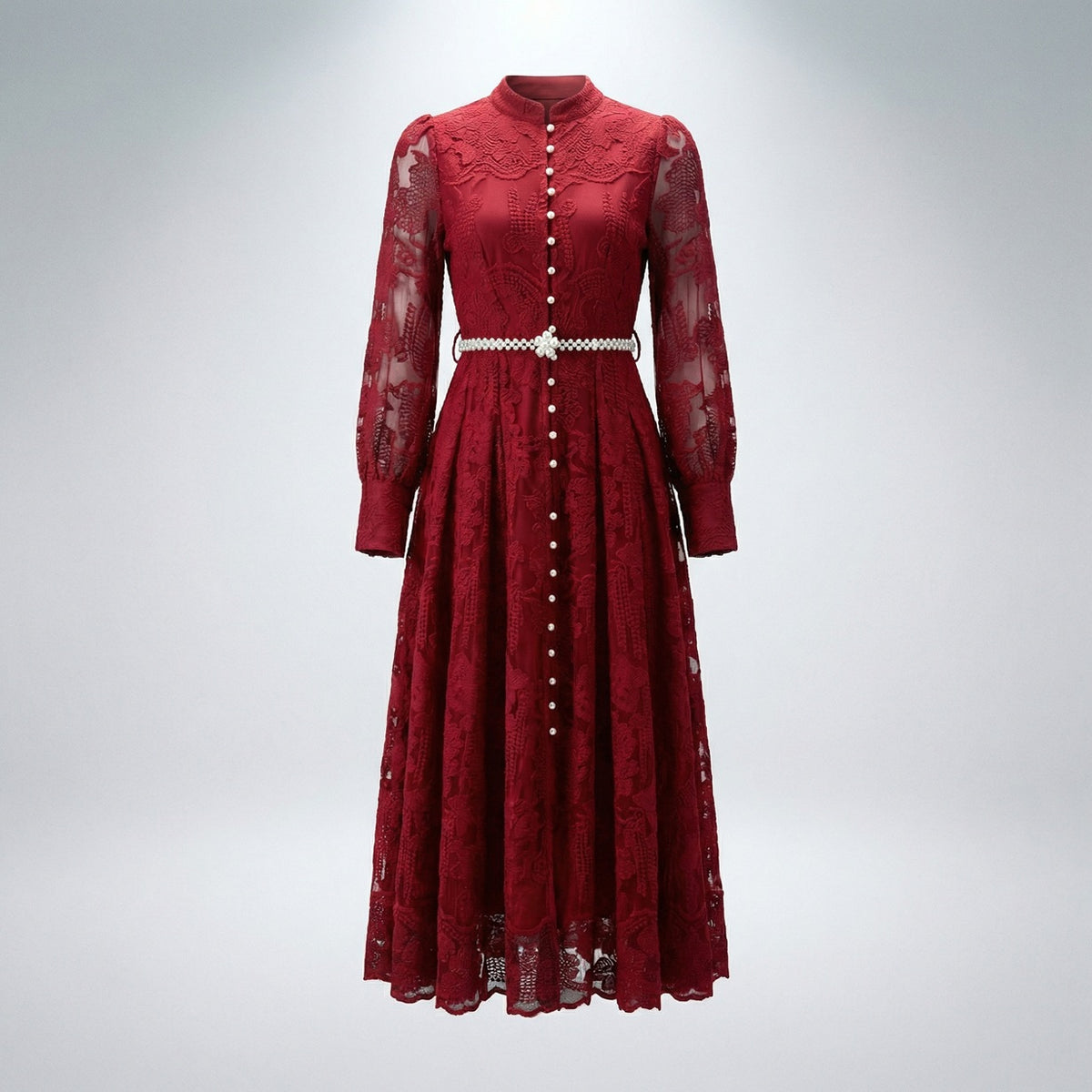 Front and back view of a woman wearing the Catherine 130cm floral lace maxi dress in cream and wine red with pearl belt and bishop sleeves.