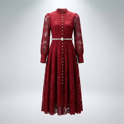 Front and back view of a woman wearing the Catherine 130cm floral lace maxi dress in cream and wine red with pearl belt and bishop sleeves.