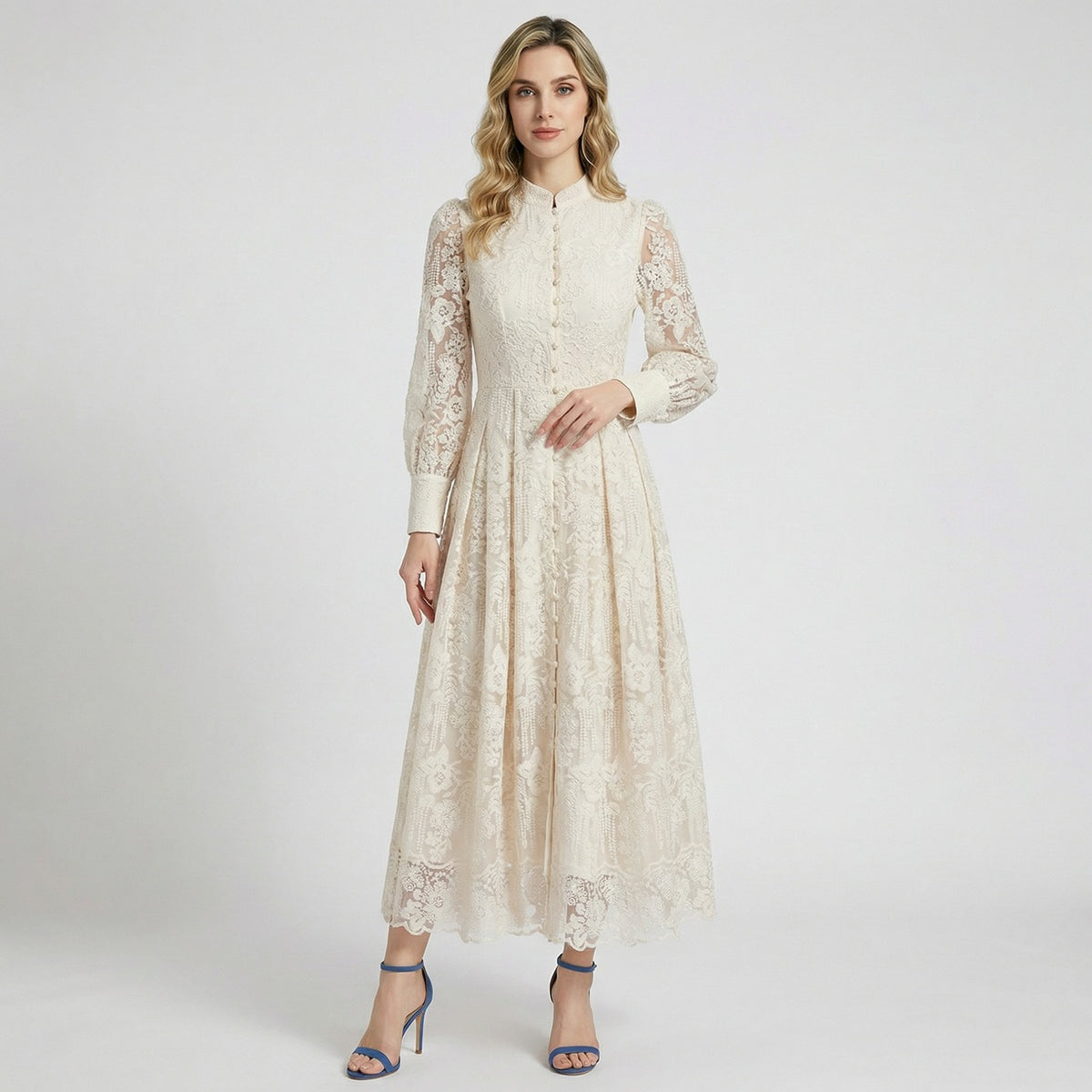 Front and back view of a woman wearing the Catherine 130cm floral lace maxi dress in cream and wine red with pearl belt and bishop sleeves.