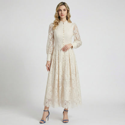 Front and back view of a woman wearing the Catherine 130cm floral lace maxi dress in cream and wine red with pearl belt and bishop sleeves.
