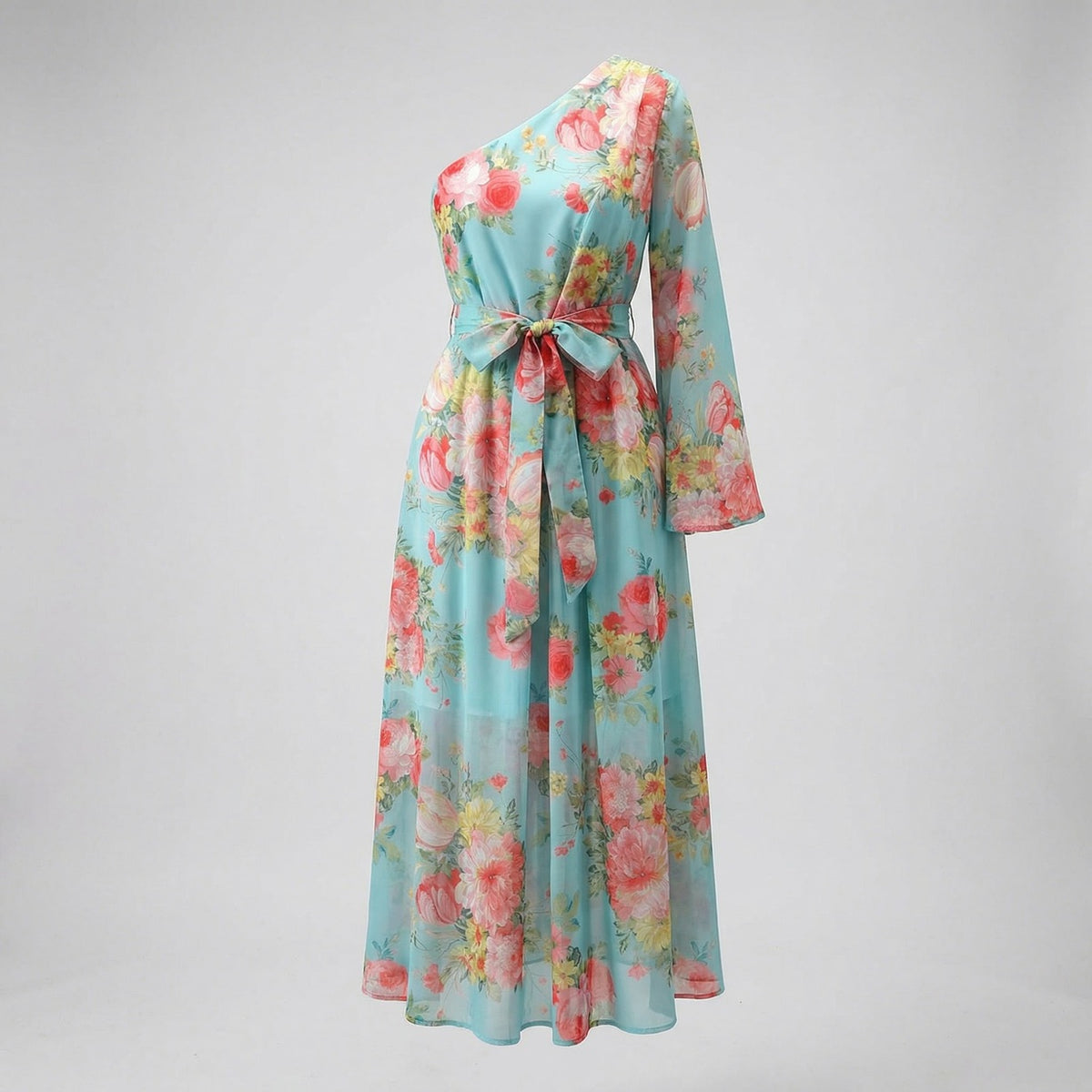 Claudia One-Shoulder Maxi Dress in Midnight Bloom and Azure Garden floral patterns