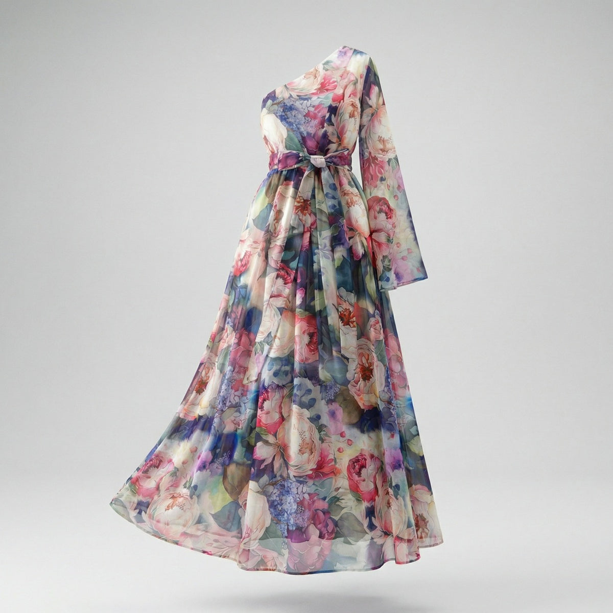 Claudia One-Shoulder Maxi Dress in Midnight Bloom and Azure Garden floral patterns