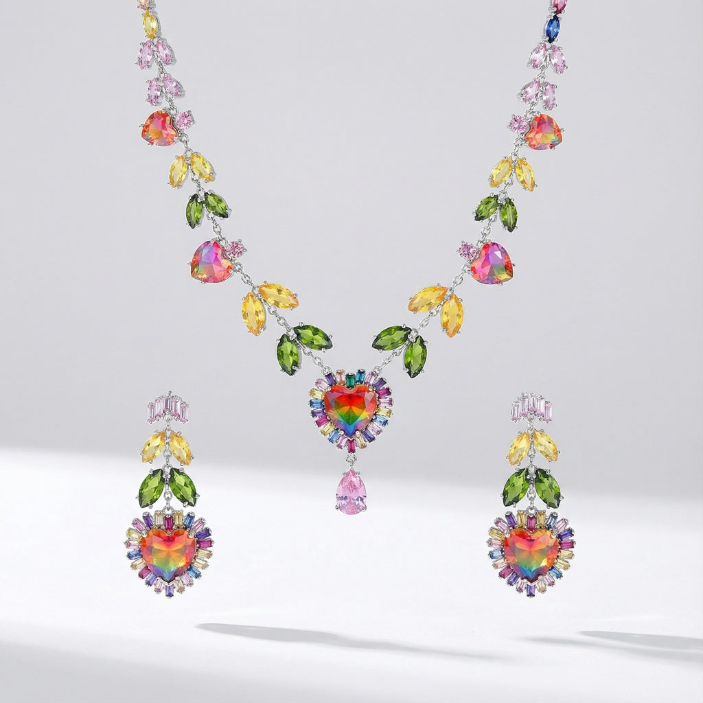 olorful rhinestone necklace and earrings set with green yellow and pink cubic zirconia and heart details