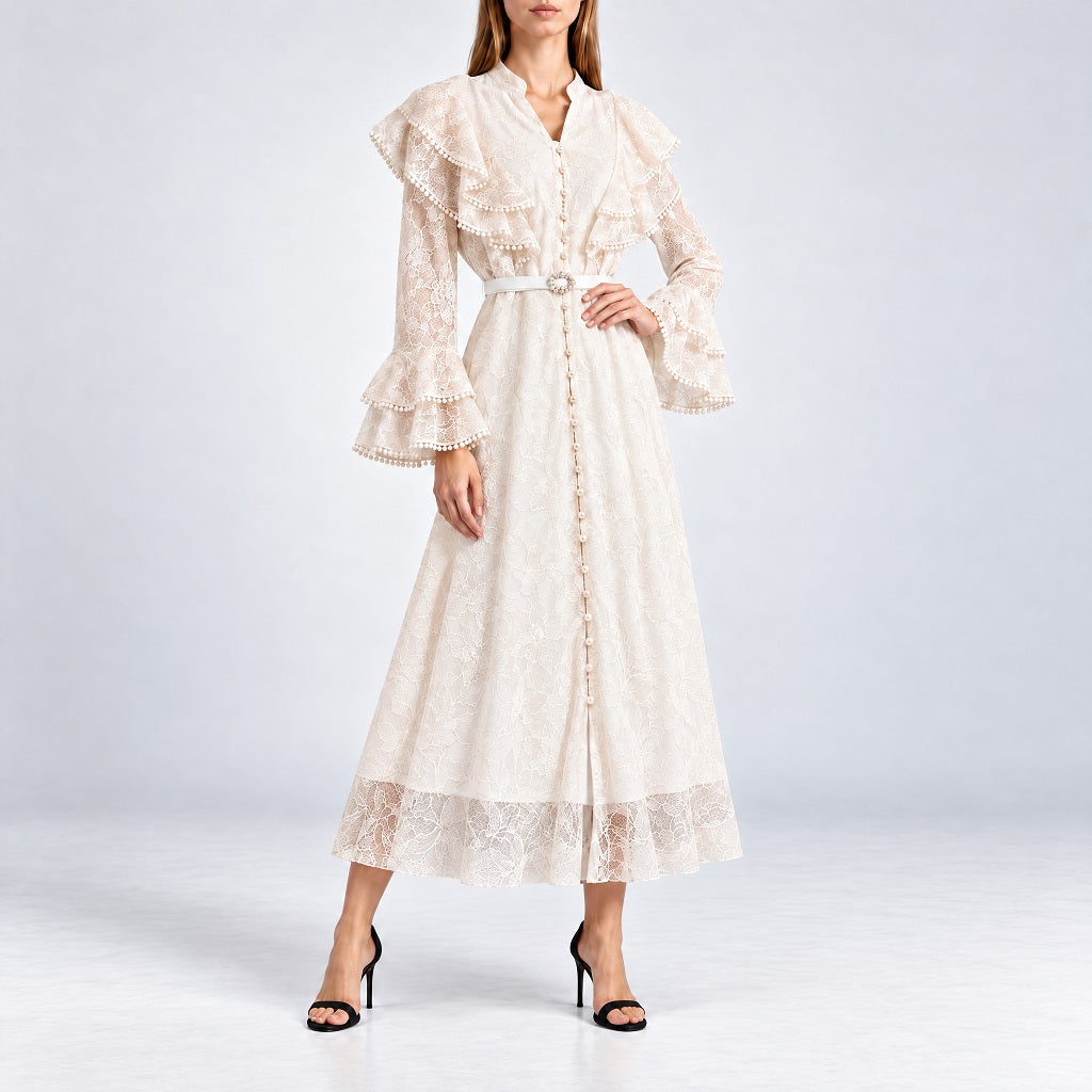 Off white cream floral embroidered lace maxi gown with ruffle collar