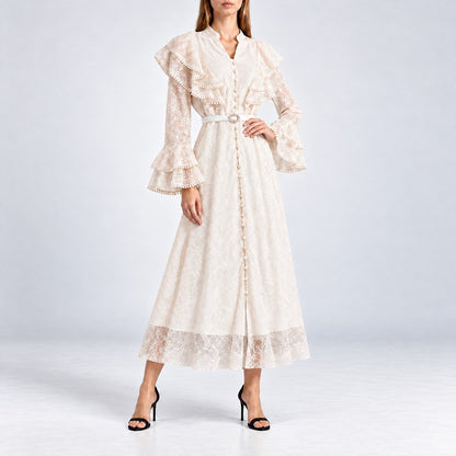 Off white cream floral embroidered lace maxi gown with ruffle collar