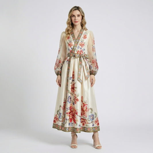 Full-length view of the Cynthia maxi dress in cream featuring a botanical border print and matching waist sash.