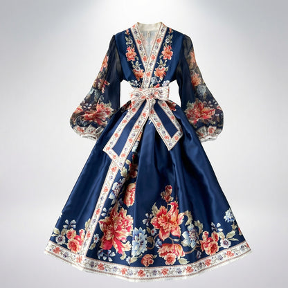 A navy blue Cynthia wrap maxi dress with red and gold floral patterns and sheer lantern sleeves laid flat.