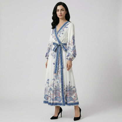 Ivory white Danelle maxi dress with blue paisley patterns and 135cm length.