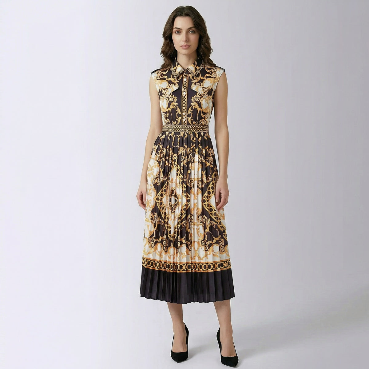 Elisabeth sleeveless maxi dress in black and gold baroque print with pleated skirt.