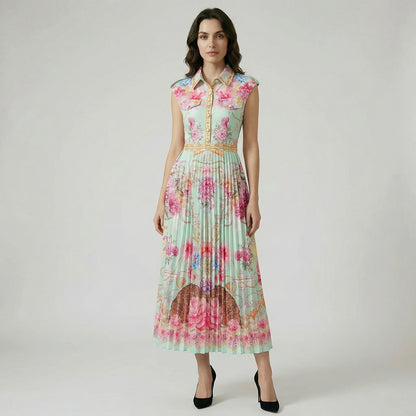 Elisabeth sleeveless maxi dress in black and gold baroque print with pleated skirt.