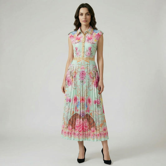 Elisabeth sleeveless maxi dress in black and gold baroque print with pleated skirt.