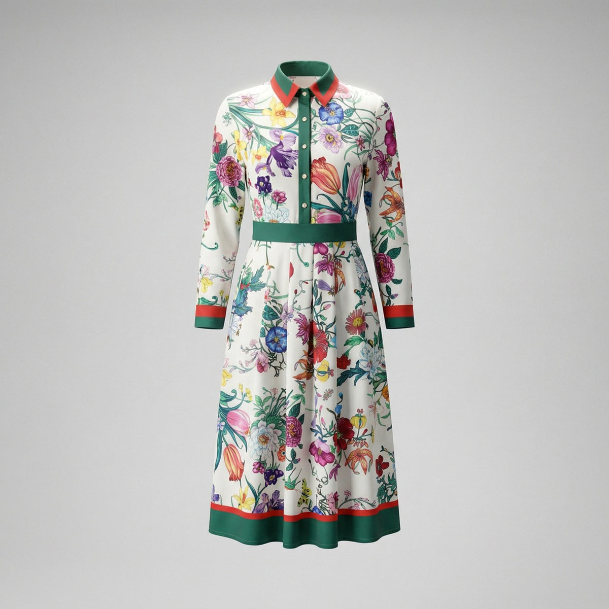 Model wearing the Eva Ivory White floral midi dress with long sleeves and green waist belt.