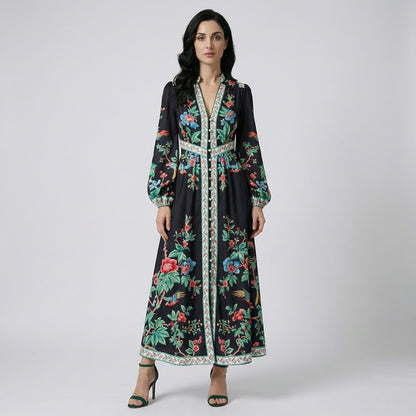 Fatema Black Chinoiserie Maxi Dress featuring vibrant red flowers and green leaves with button-down front.