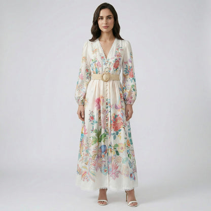 Full-length Hana floral maxi dress in cream with colorful botanical print, balloon sleeves, and woven straw belt.