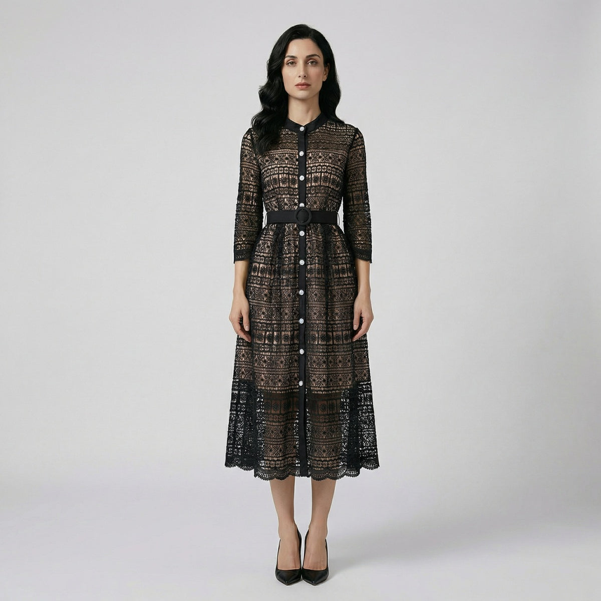 Three Hannah lace midi dresses in pink, blue, and black featuring intricate floral patterns and pearl buttons.