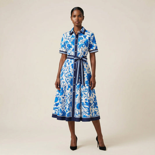 he Inese midi dress in a vibrant blue and red colorway, featuring a long-sleeved ribbed knit bodice and a side-pleated accordion skirt with a matching waist belt.