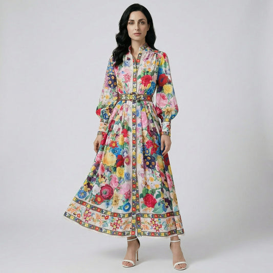 Full-length view of the Jennifer floral print maxi dress in teal and cream with lantern sleeves and matching waist belt.