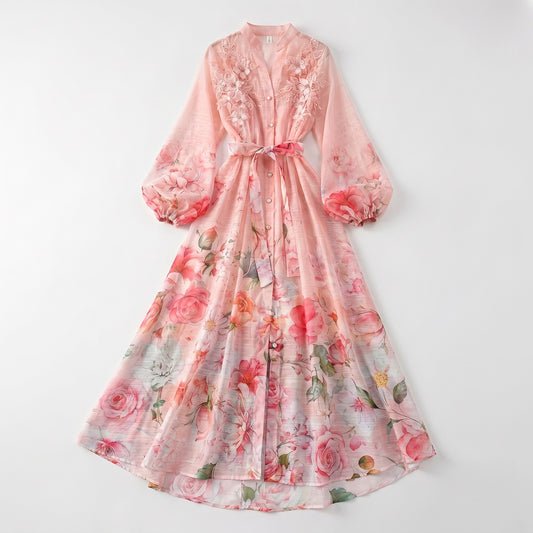 3D Floral Embroidery Dress, Long, Maxi, Bohemian, Wedding, Guest, Sleeve, floral, Romantic, Pastel, Formal 