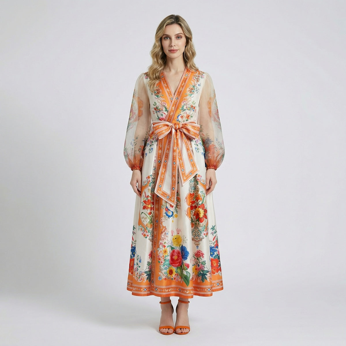 Jessica Floral Wrap Maxi Dress in four colors: blue, orange, pink, and teal, featuring sheer sleeves and floral patterns.