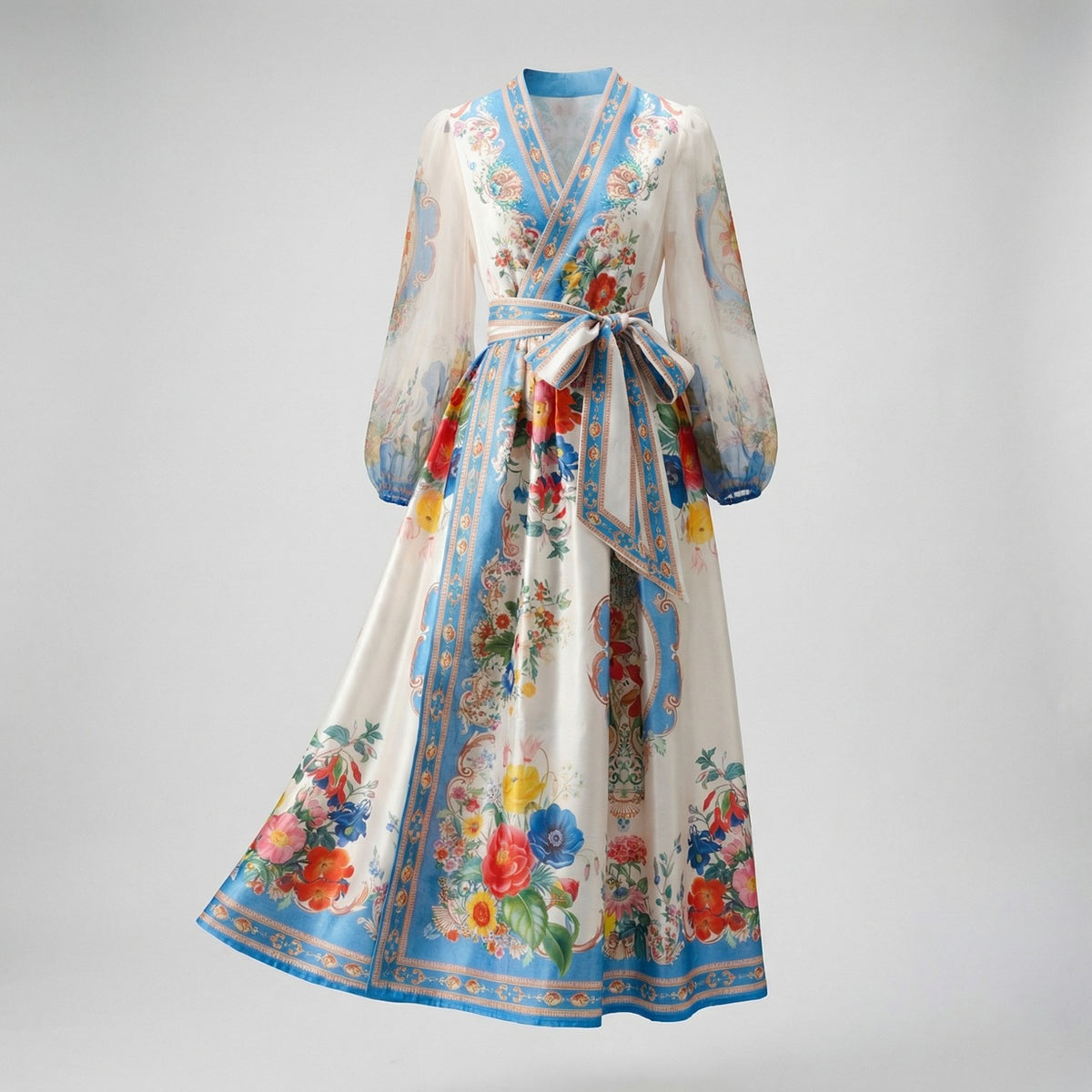 Jessica Floral Wrap Maxi Dress in four colors: blue, orange, pink, and teal, featuring sheer sleeves and floral patterns.