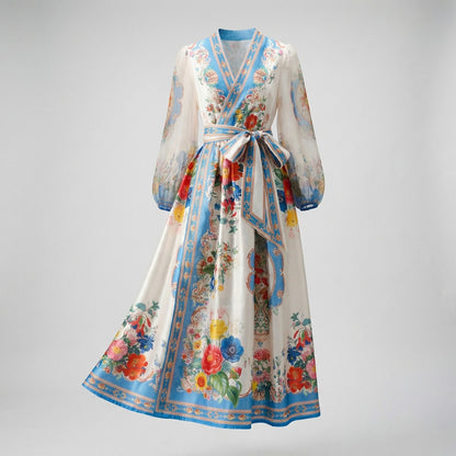 Jessica Floral Wrap Maxi Dress in four colors: blue, orange, pink, and teal, featuring sheer sleeves and floral patterns.