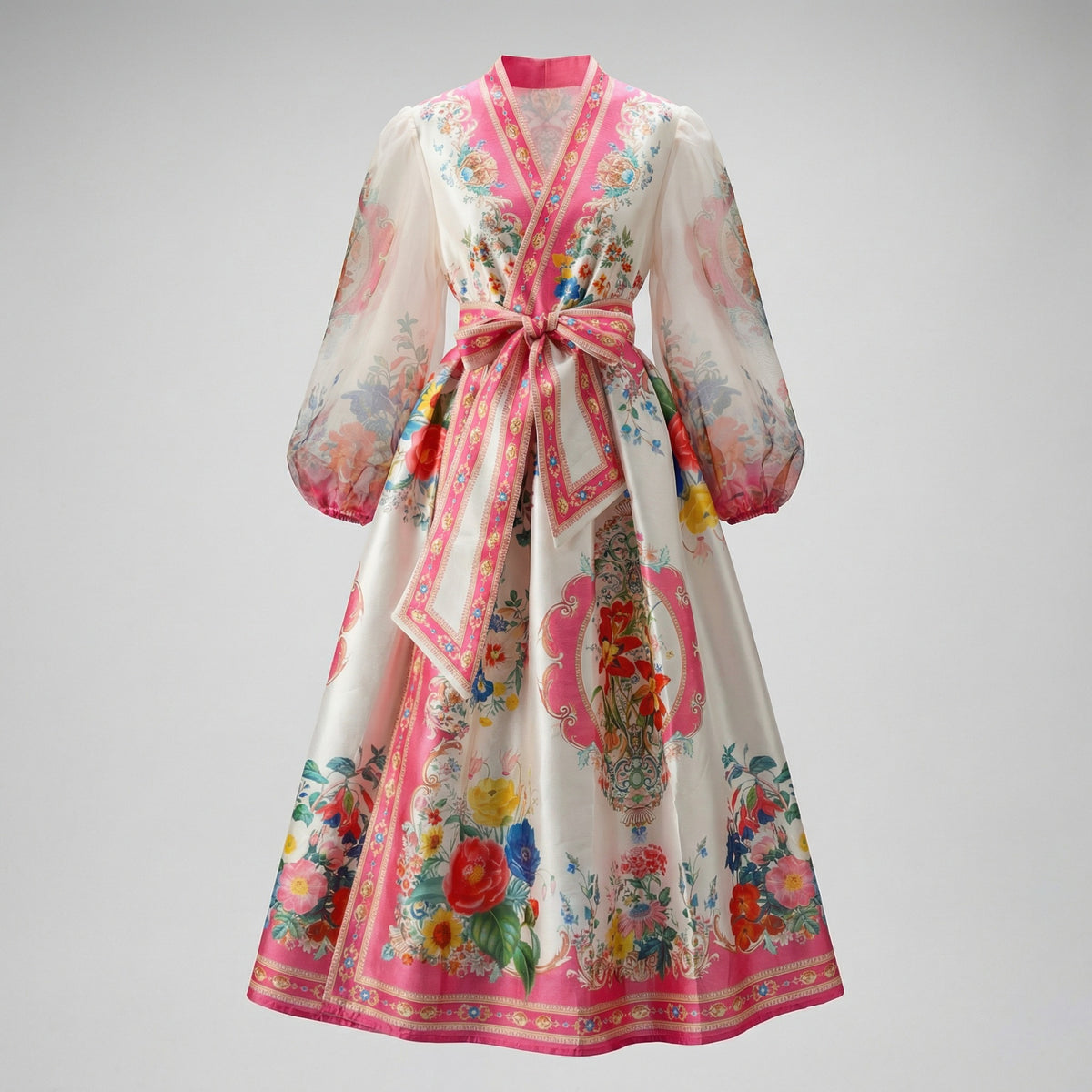 Jessica Floral Wrap Maxi Dress in four colors: blue, orange, pink, and teal, featuring sheer sleeves and floral patterns.